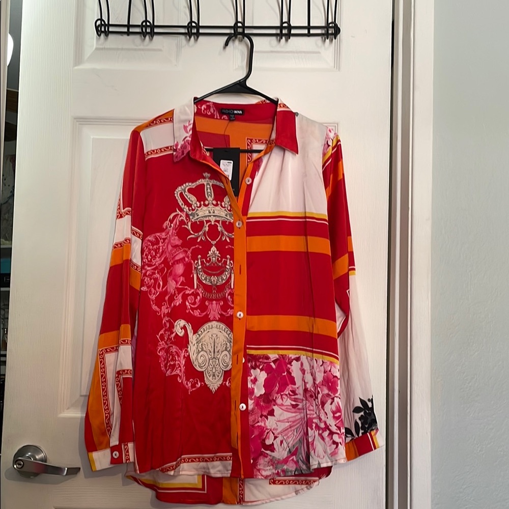 Red and Orange Patterned Button-Up Shirt